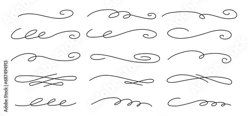 Hand drawn curly thin swishes set. Vector highlight text elements.
