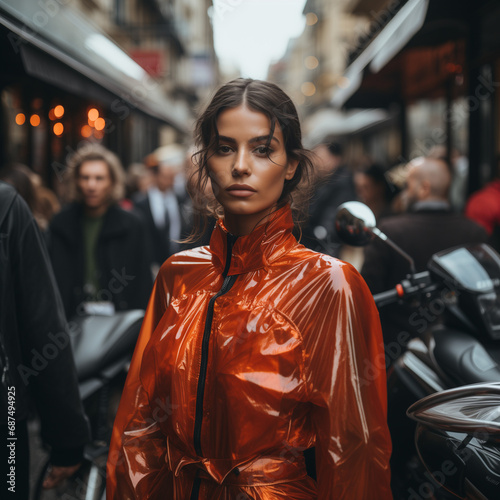 The vibrant streets of Paris during Fashion Week, a realistic photo capturing models showcasing avant-garde designs