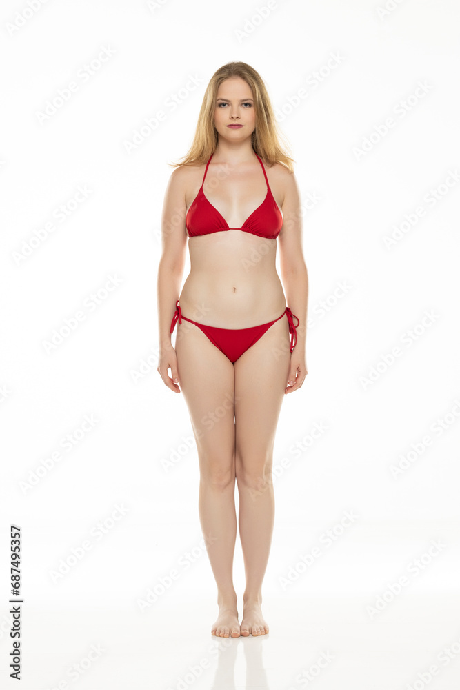 Full body, front view young blond woman in bikini posing on white background Full body, front view young blond woman in bikini posing on white background