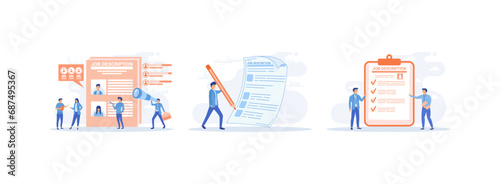 Work Descriptions,  Company employee writing job description, duties and responsibilities for work. Job Descriptions set flat vector modern illustration   