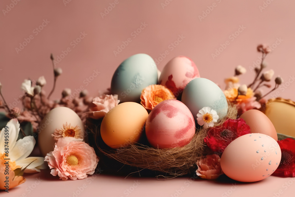Easter compositions of pastel colorful eggs and spring flowers on pastel background, Easter postcard Easter compositions of pastel colorful eggs and spring flowers on pastel background, Easter postcard