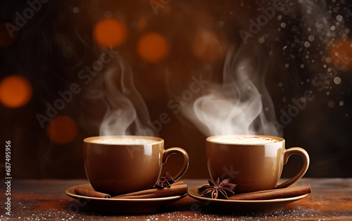 Two cups of hot coffee with cinnamon, against a background of lights, cold season, winter vibe and wellness