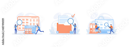 Storage and indexing of information, File manager and data storage, Database. Storage set flat vector modern illustration  