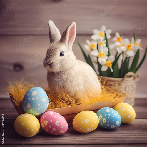 Easter greeting card with cute fluffy Easter bunny near colorful Easter eggs. space for text