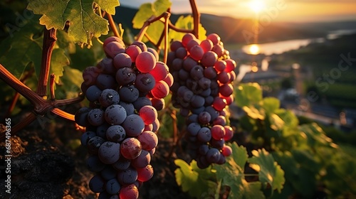 Grapes growing in a vineyard during sunset