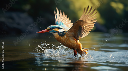 Golden Majesty: Kingfisher's Flight Over River, a Generative AI Masterpiece © Iswanto