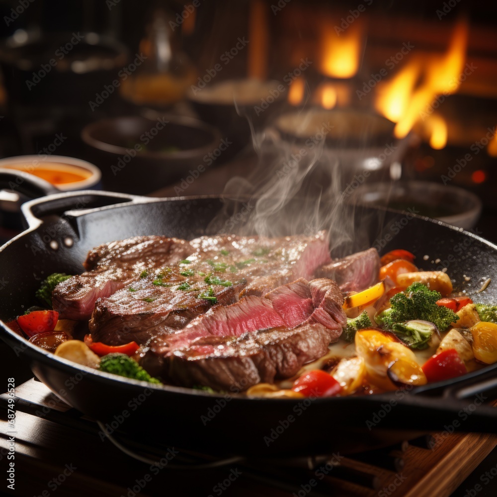 Juicy, herb-crusted rump steak cooking on a hot grill, exuding rich aromas. Juicy, herb-crusted rump steak cooking on a hot grill, exuding rich aromas.