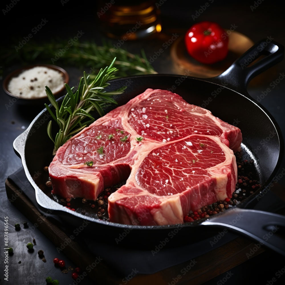 A richly seasoned T-bone steak sizzling in a skillet, perfect for a sumptuous meal.