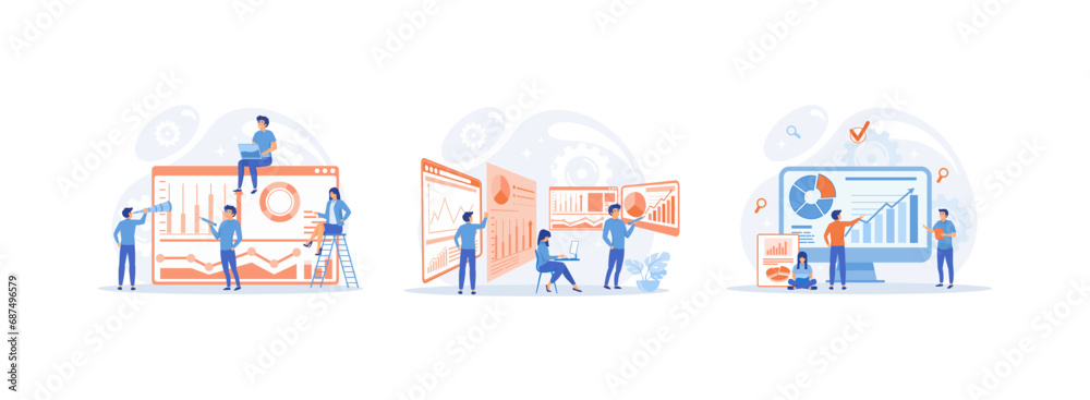 Analysis of the evolutionary scale, experienced office supervisor candidate, data analysis homepage. Data analysis set flat vector modern illustration