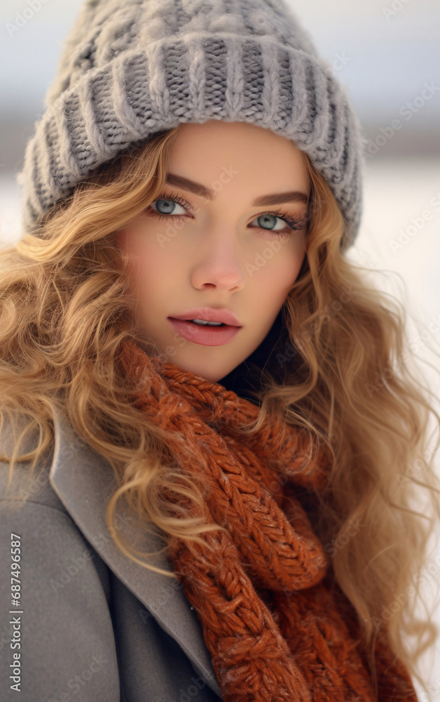 Winter Portrait of a beautiful young woman with flying hair and falling snowflakes
