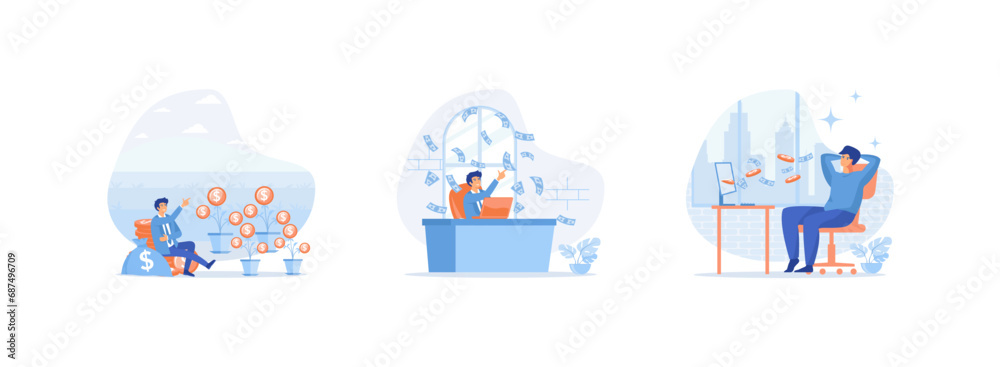 Passive income, Man relaxing in front of computer with money raining down, Easy money. Passive income set flat vector modern illustration