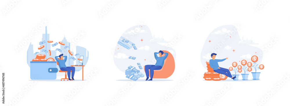 Passive income, entrepreneur investor thinks about money profit or investment income, salary. Passive income set flat vector modern illustration  