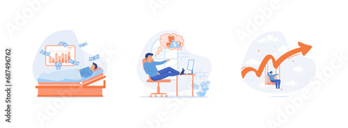 Passive income, investment income, businessman investors relax and sleep. Passive income set flat vector modern illustration  