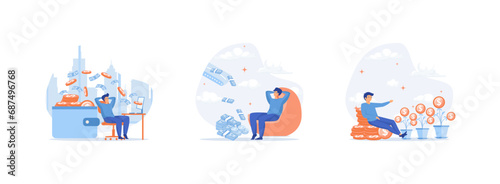 Passive income, entrepreneur investor thinks about money profit or investment income, salary. Passive income set flat vector modern illustration  