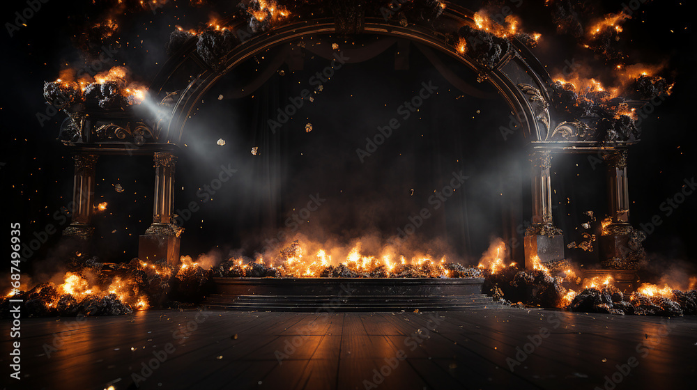 Dramatic Flame Effects on Dark Stage Scene - Fiery Elements Illuminate the Night for a Mesmerizing Entertainment Performance at a Vibrant Concert.