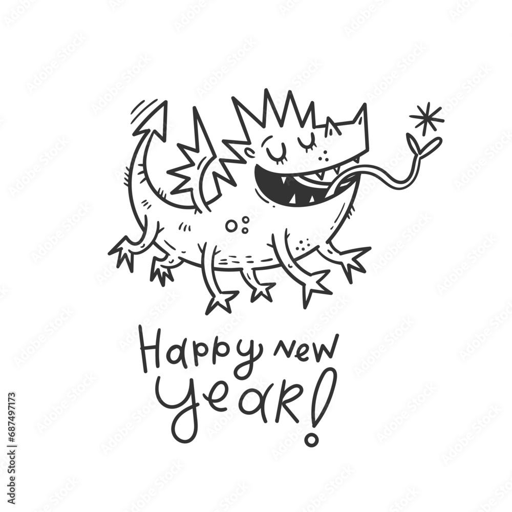 Fototapeta premium New Year card with cute cartoon dragon. Chinese calendar symbol. Vector holiday poster. Funny animal. Contour doodle image no fill.