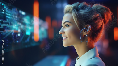 Portrait of young european fashionable female model, shot from the side, smiling, looking to the side, vibrant futuristic technology circuit board background