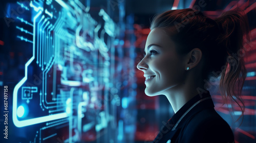 Portrait of young european fashionable female model, shot from the side, smiling, looking to the side, vibrant futuristic technology circuit board background