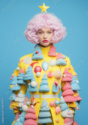 A stunning woman donning with a pink wig , her clothing adorned with whimsical toys and Christmas tree. Minimal Xmas abstract concept. Holiday spirit 