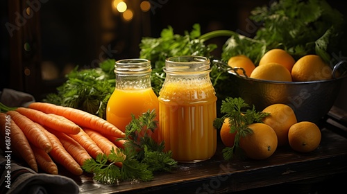 Fresh carrot juice in bottles on a wooden table