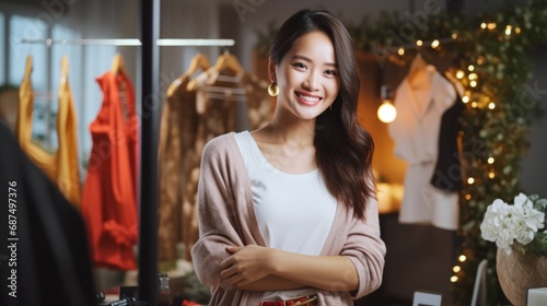 happiness smart confident asia female woman boutiqe store shop owner portrait shot smiling cheerful stading in her cloth store shop business owner concept