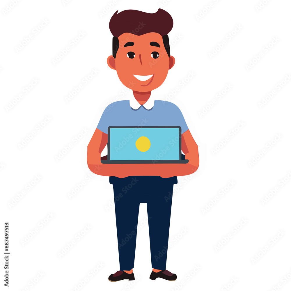 Community manager. A successful man holds a computer. A man with a computer. A contemporary style. Illustration. Isolated white background. International Community Manager Day. January 22. 2024.