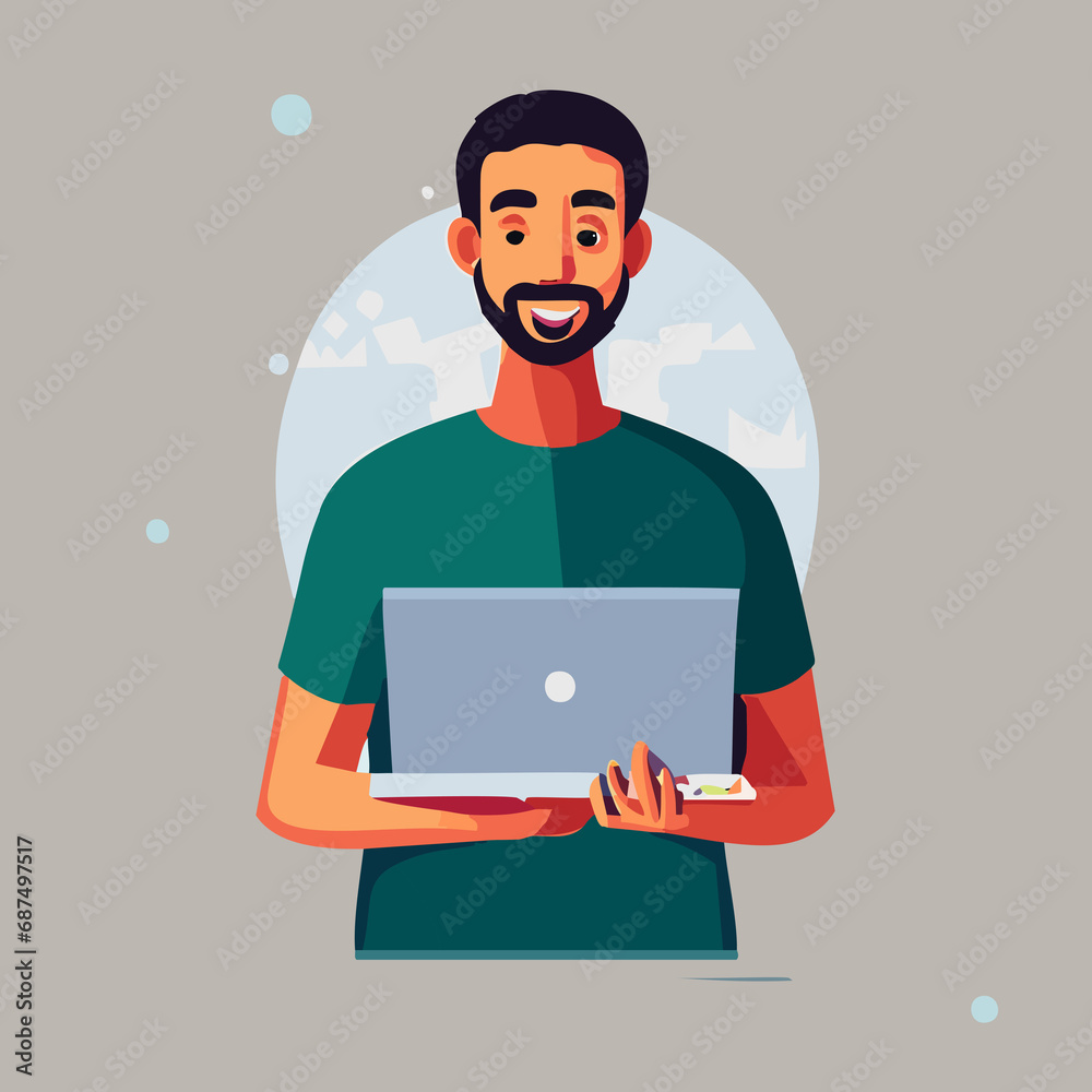 Community manager. A successful man holds a computer. A man with a computer. A contemporary style. Illustration. Isolated white background. International Community Manager Day. January 22. 2024.