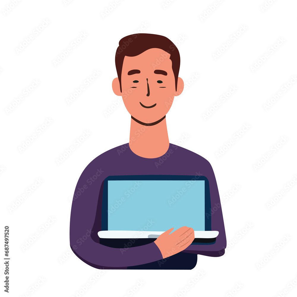Community manager. A successful man holds a computer. A man with a computer. A contemporary