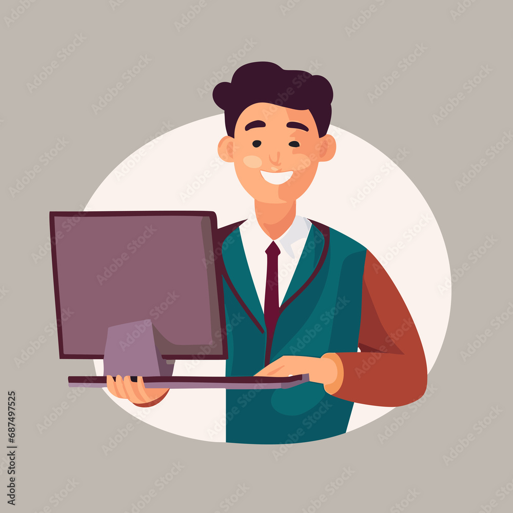 Community manager. A successful man holds a computer. A man with a computer. A contemporary