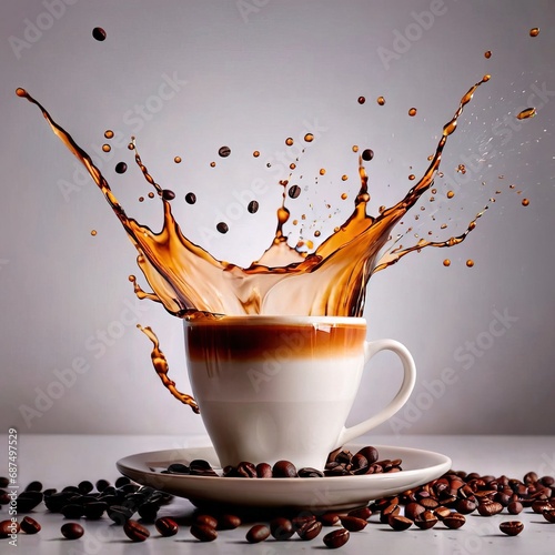 Fresh hot coffee  dynamic food photo with splash effect