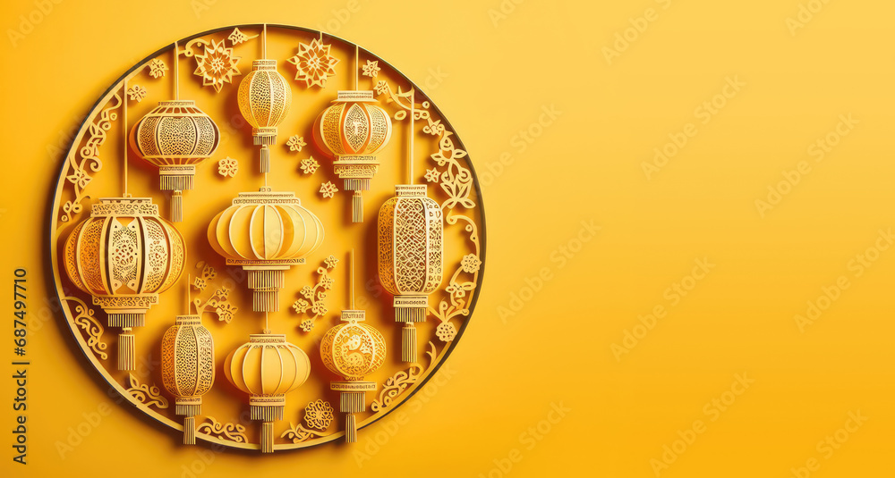 Concept of Chinese New Year 2024 dragon year. Lantern, ornament, decoration on a solid yellow background. Copy space for text, advertising, message