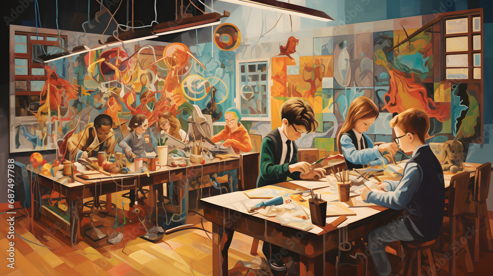 Art and creativity in school class. generative ai. Stock Illustration ...