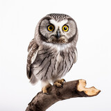 Cute boreal owl is sitting on the tree branch looking at the camera. generative ai