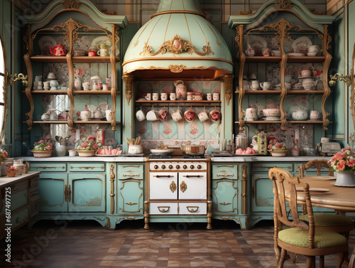 Victorian style. Stylish kitchen. luxury royal dining Room background. Baroque rococo vintage retro style blue interior. Ancient cupboard with shelves. pink flowers in vase. tiled floor. Generative ai