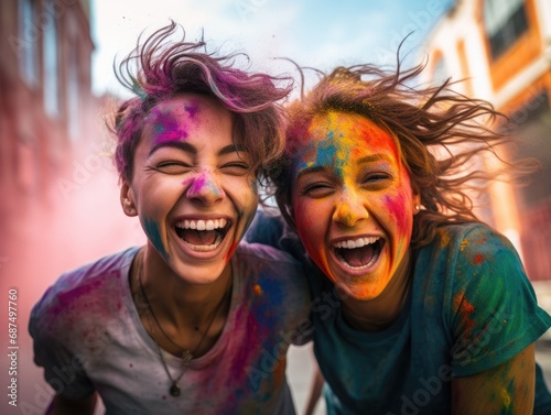 two young beautiful women playing Holi colors, laughing, jumping in joy, very happy, vibrant colors © YamunaART