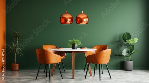 Orange leather chairs at round dining table against green wall  dining room