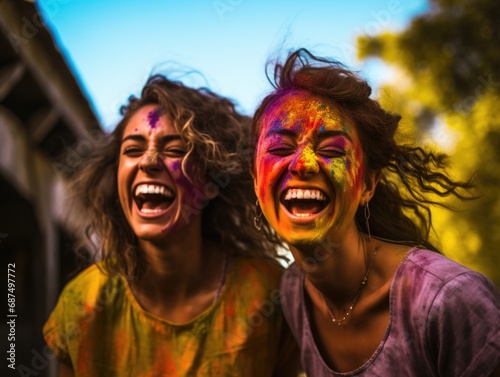 two young beautiful women playing Holi colors, laughing, jumping in joy, very happy, vibrant colors