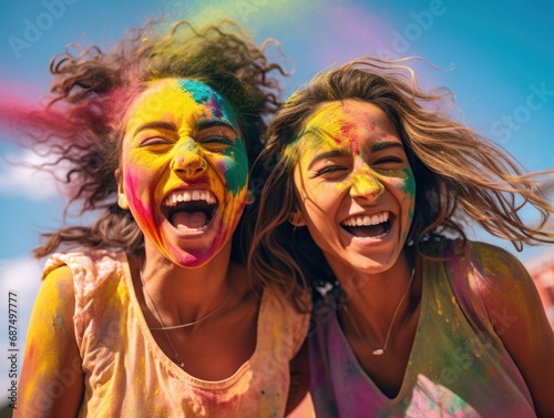 two young beautiful women playing Holi colors, laughing, jumping in joy, very happy, vibrant colors