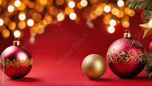 A Festive Red and Gold Christmas Ornament Adorned by a Glowing Christmas Tree