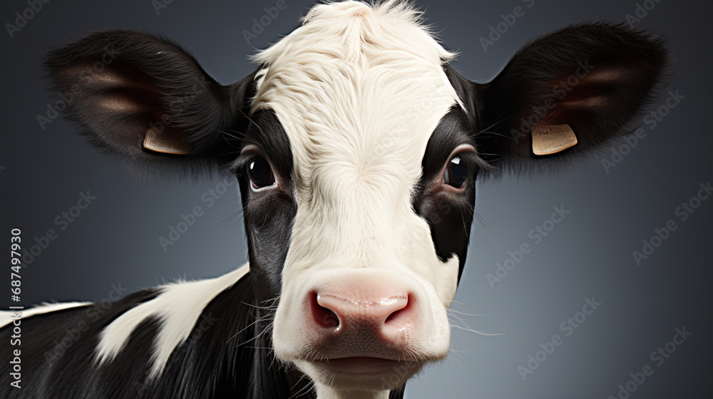Black and white cow isolated. , black and white gentle surprised look, pink nose. generative ai