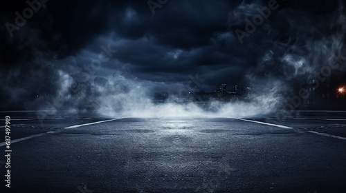 Abstract Urban Noir: Dark Blue Asphalt Street Background with Moody Atmosphere - Modern Cityscape Texture for Artistic Wallpaper and Urban Design.