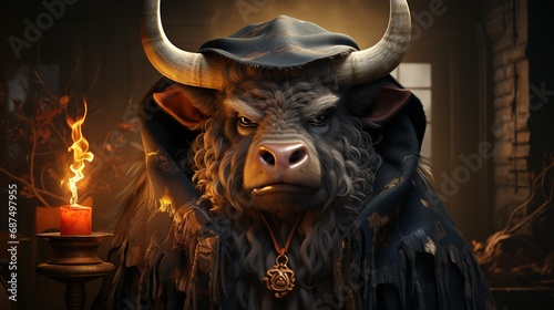 there is a bull with horns and a candle in the dark photo