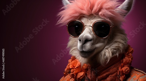 Cheerful alpaca in a festive costume on a purple background with copy space. Carnival concept © Eugenia