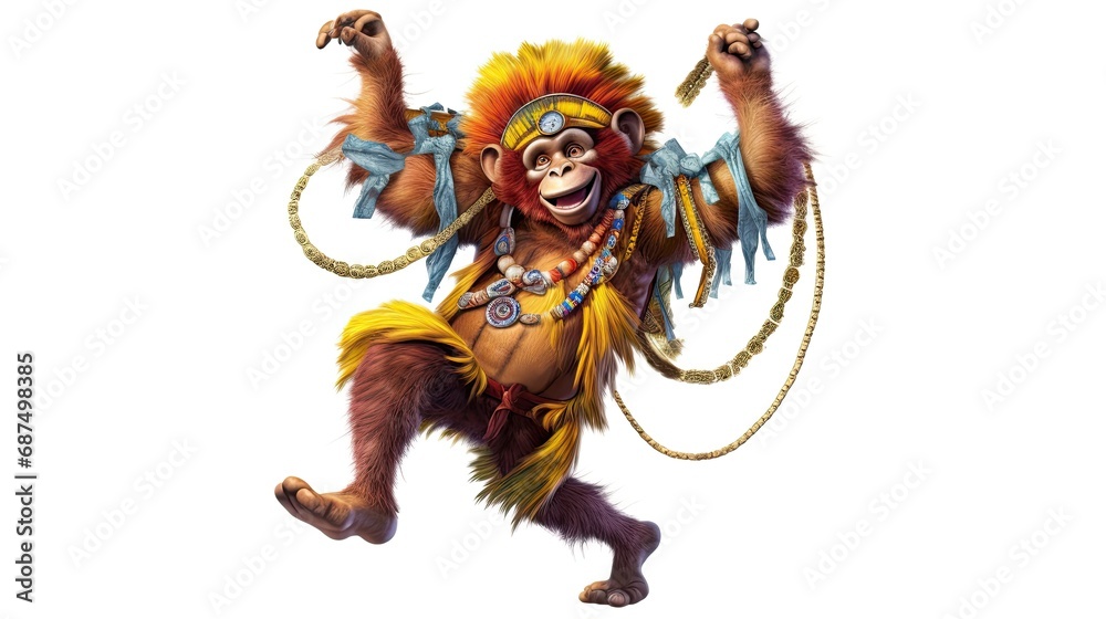 A funny monkey in a carnival costume with feathers dances and rejoices on an isolated white background. Holiday concept A funny monkey in a carnival costume with feathers dances and rejoices on an isolated white background. Holiday concept