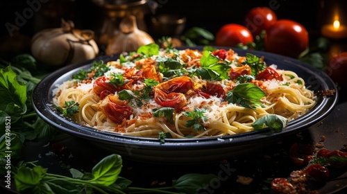 Seafood pasta featuring fresh ingredients set agains