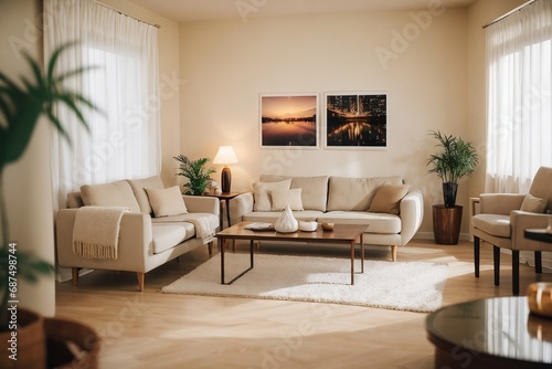 Beautiful cozy living room interior design with hanging posters  beige color  warm and cozy concept.