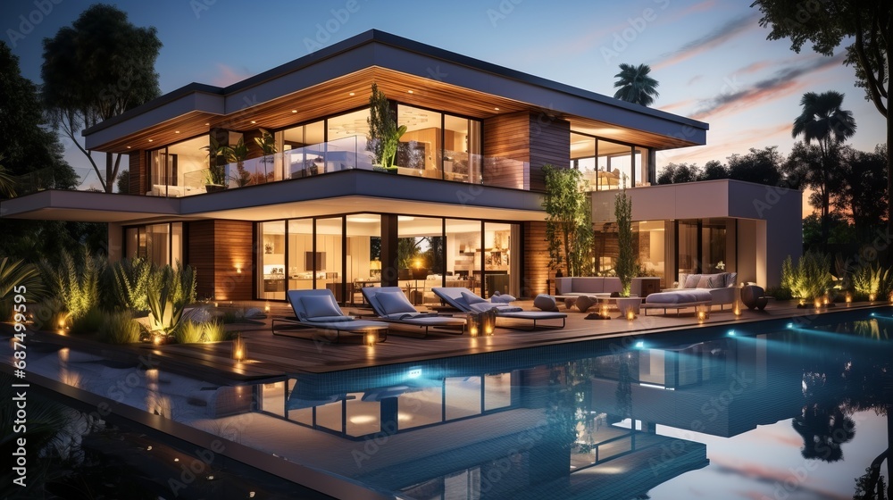 Modern house exterior with an illuminated swimming