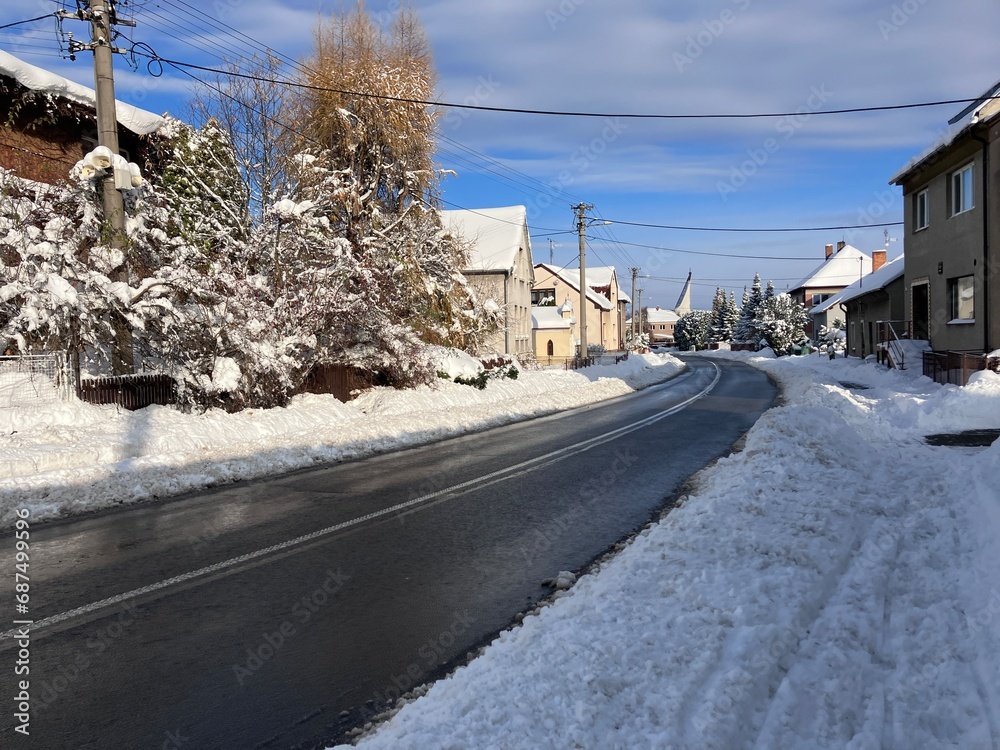 Hnevosice, Opava, Czech 2 December 2023: village under the snow, snow calamity, North Moravia