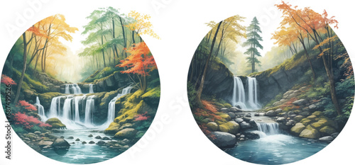 Waterfall landscape in round shape vector set