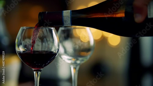 Red wine poured into wine glass in restaurant	 photo